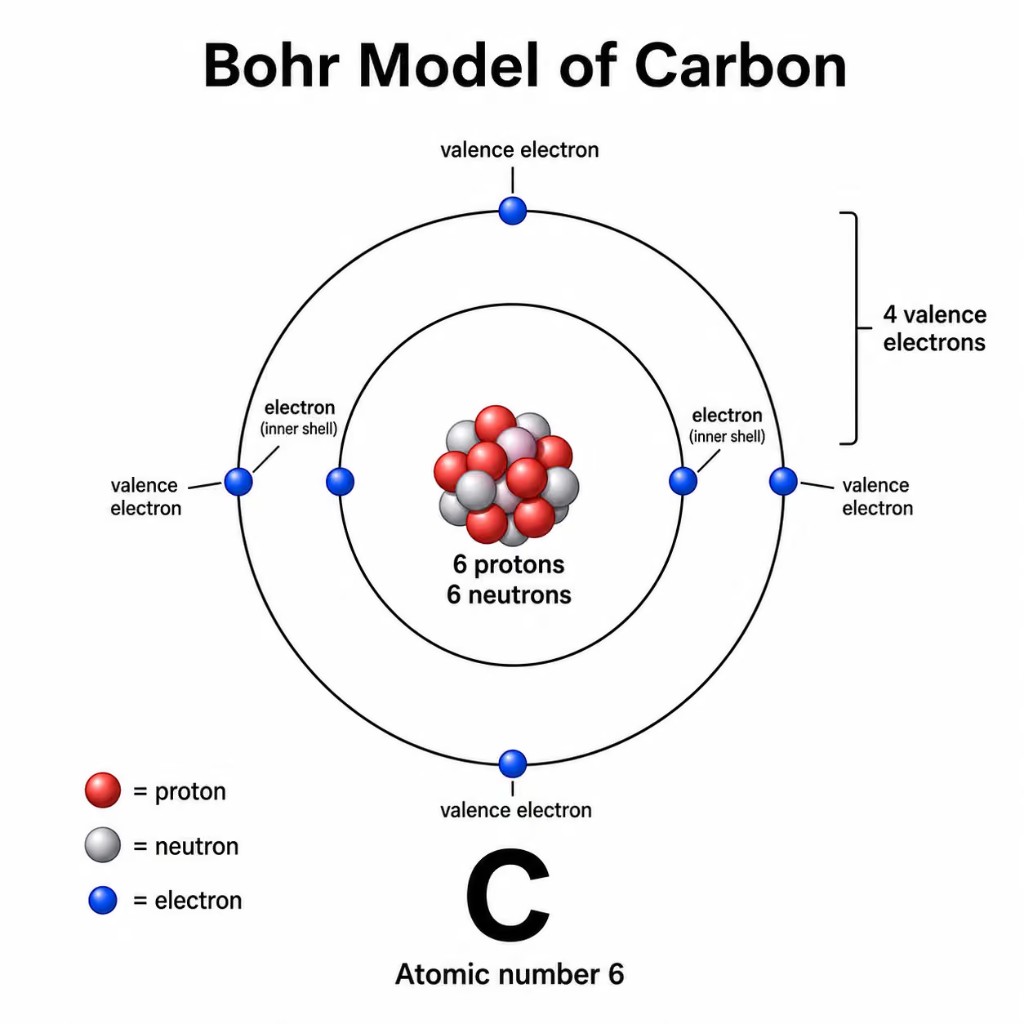 Modelo de Bohr del carbono: núcleo con 6 protones y 6 neutrones, 2 electrones en el nivel interno y 4 electrones de valencia en el nivel externo. Número atómico 6.